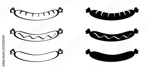 Cartoon bratwurst, hot dog, sausage on fork. Fast food icon. Sausages logo. Barbecuing, bbq snacks symbol. Junk foods.