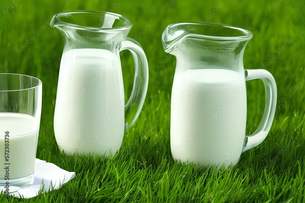 Pitcher and glass of milk on grass on nature background - generative ai Pitcher and glass of milk on grass on nature background - generative ai