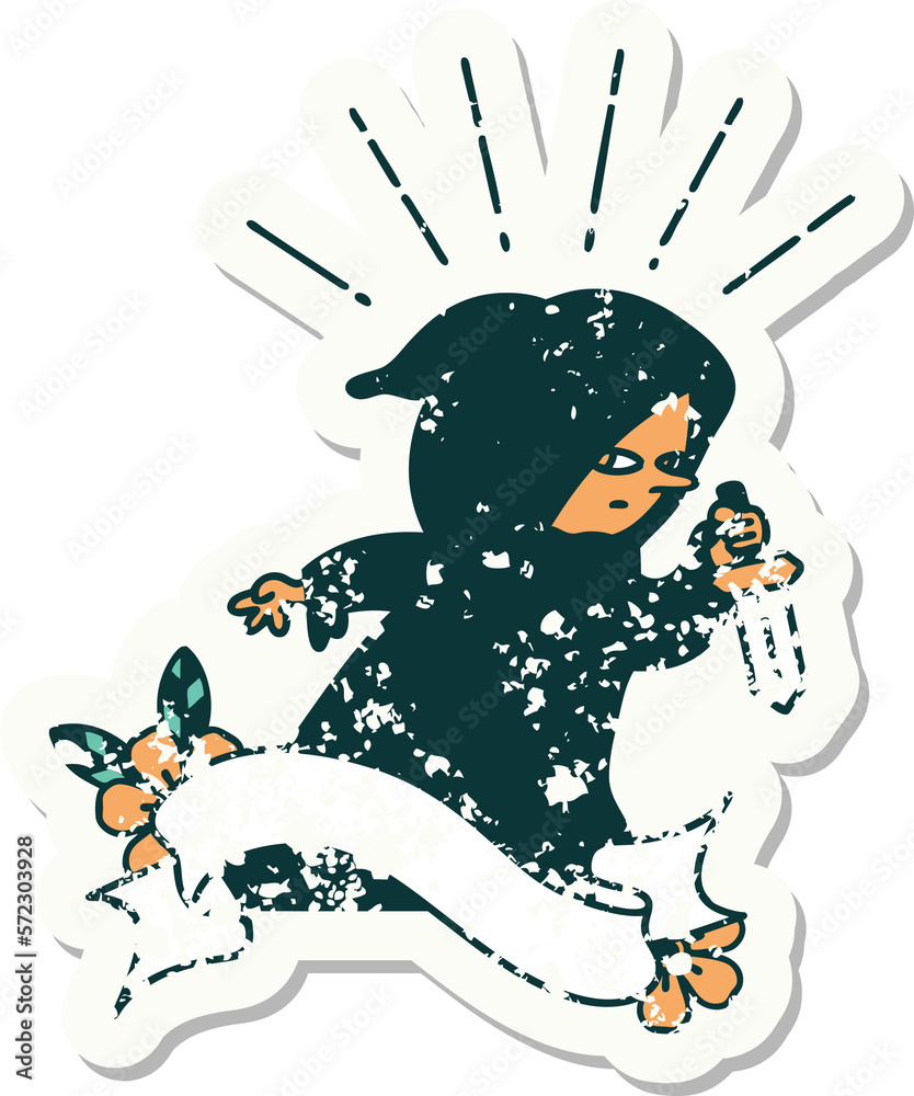Naklejka premium grunge sticker of tattoo style assassin with knife