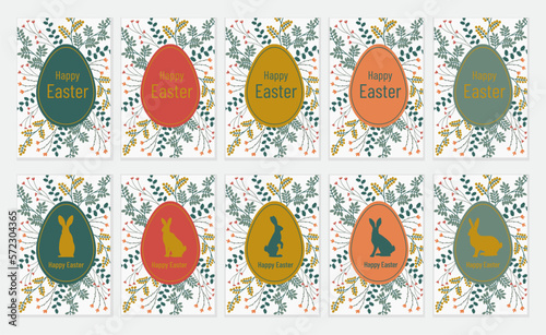 Elegant Easter card templates in golg, green, peach, red, olive color. Easter rabbit, egg on floral becground. Poster, card, invitation, flyer, cover, banner, placard, brochure template. Vector illust