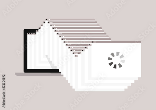 A laptop with many open pages organized as a cascade, program is not responding