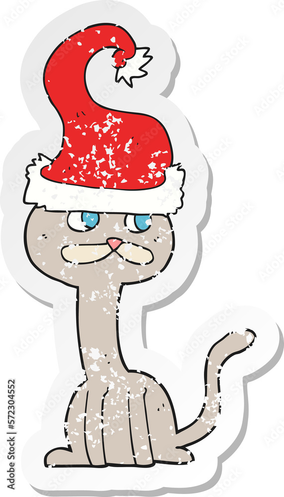 retro distressed sticker of a cartoon cat wearing christmas hat retro distressed sticker of a cartoon cat wearing christmas hat