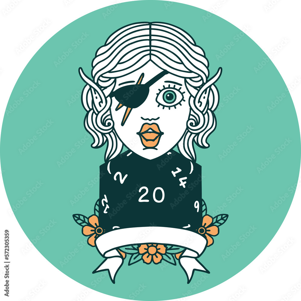 elf rogue character with natural twenty dice roll icon elf rogue character with natural twenty dice roll icon