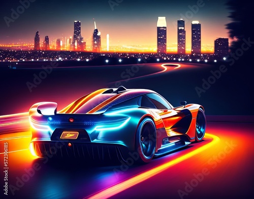 Best Racing Car Driving Down a Road at Night Time with Lights on it's Side and a city in the Background with Buildings Realistic AI © Qazi