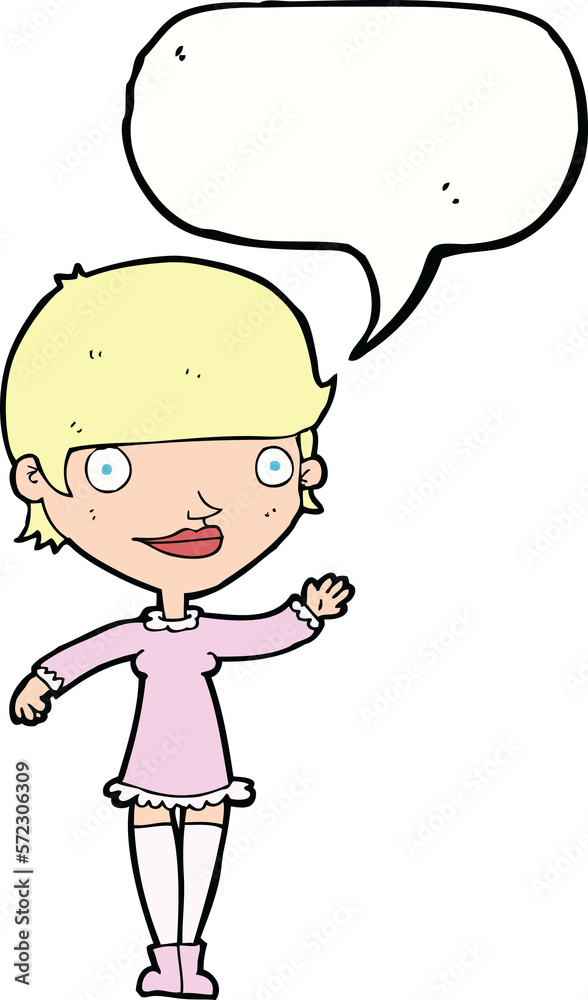 cartoon waving woman with speech bubble cartoon waving woman with speech bubble