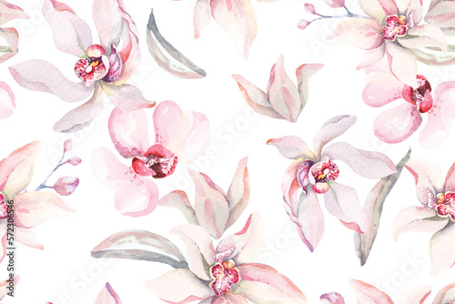 Seamless pattern of orchids drawn with watercolor.Designed with floral patterns painted with watercolors with elegant.Orchid background.Composition of tropical vegetation for natural style wallpapers.