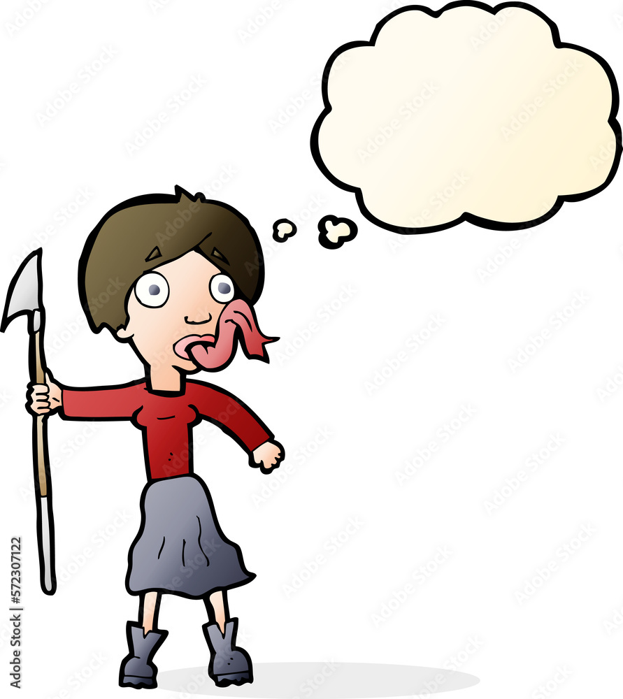 cartoon woman with spear sticking out tongue with thought bubble cartoon woman with spear sticking out tongue with thought bubble