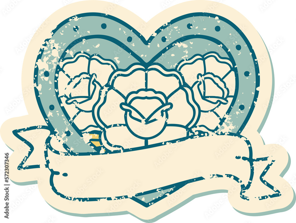 distressed sticker tattoo style icon of a heart and banner with flowers distressed sticker tattoo style icon of a heart and banner with flowers