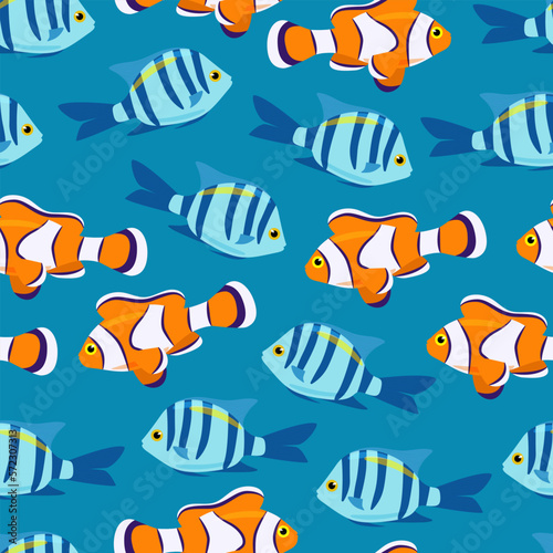 Exotic bright fish seamless pattern. Vector clown fish in flat style. Marine life. Anemone fish.