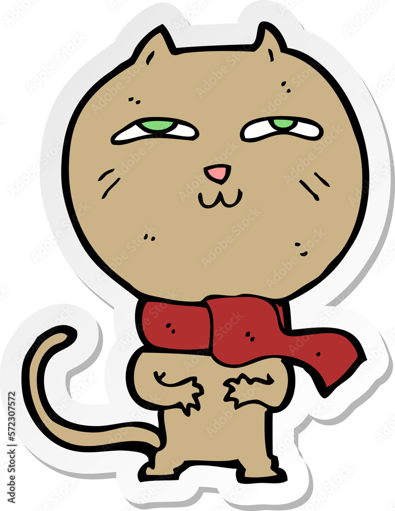 sticker of a cartoon funny cat wearing scarf sticker of a cartoon funny cat wearing scarf