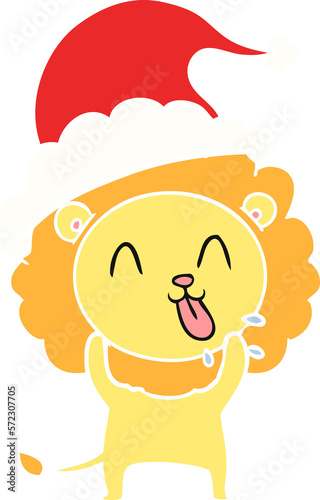 happy flat color illustration of a lion wearing santa hat