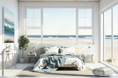 Modern Minimalist Bedroom with Large Windows Overlooking the Beach (Created with Generative AI)