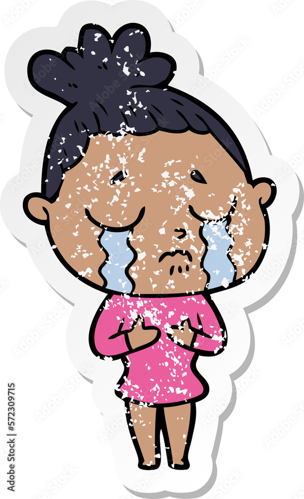 distressed sticker of a cartoon crying woman distressed sticker of a cartoon crying woman