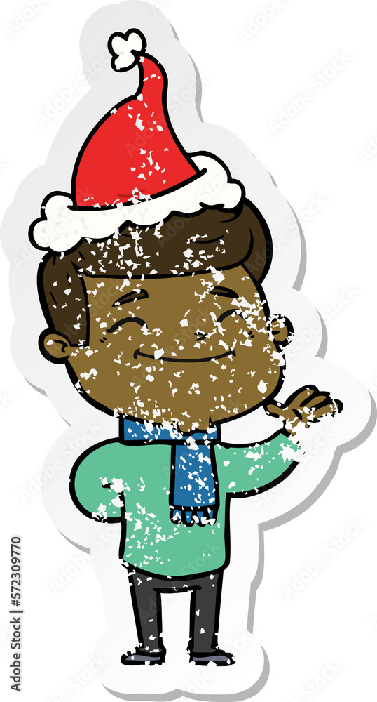 happy distressed sticker cartoon of a man wearing santa hat happy distressed sticker cartoon of a man wearing santa hat