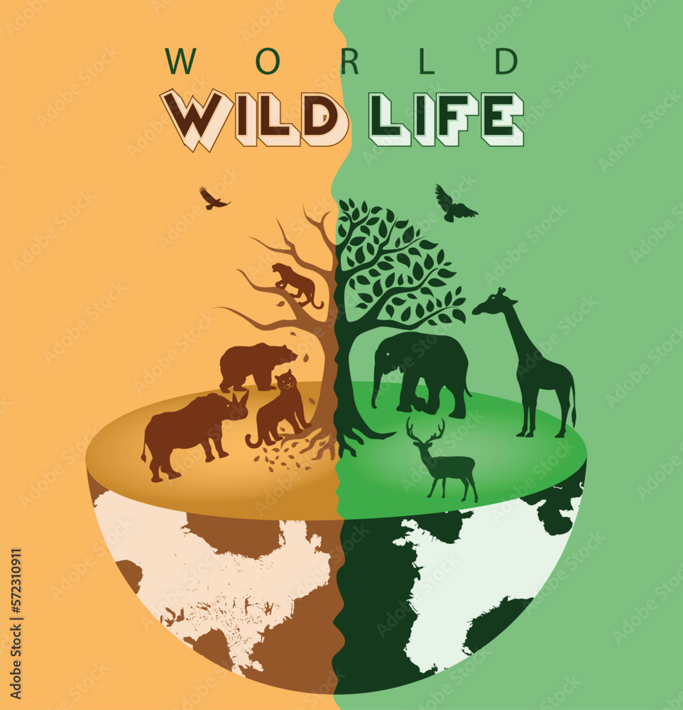 World wildlife day.. Two different sides of wildlife. Earth with animals silhouette. Spring and autumn.
