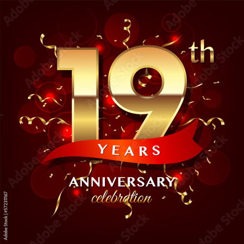 19th Anniversary logo design with golden number and red ribbon for anniversary celebration event, invitation, wedding, greeting card, banner, poster, flyer, brochure, book cover. Logo Vector Template