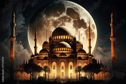 Islamic Mosque At Night With Huge Moon Behind Generative AI