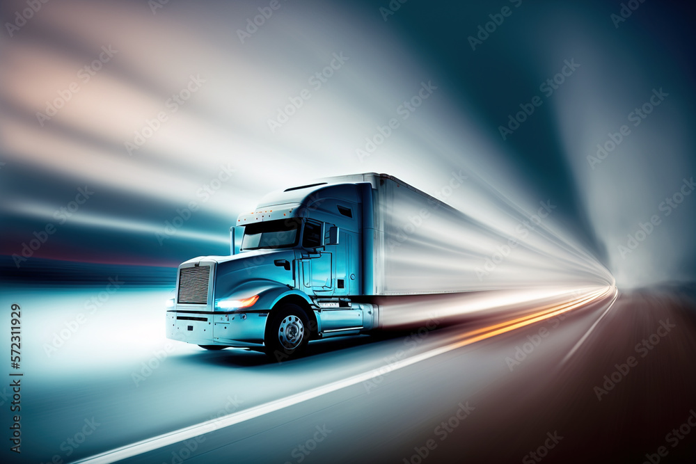 Abstract delivery truck concept driving at high speed. Generative AI illustration