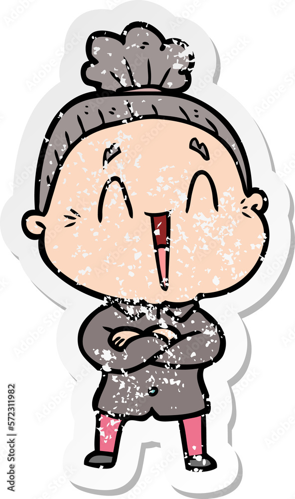 distressed sticker of a cartoon happy old lady distressed sticker of a cartoon happy old lady