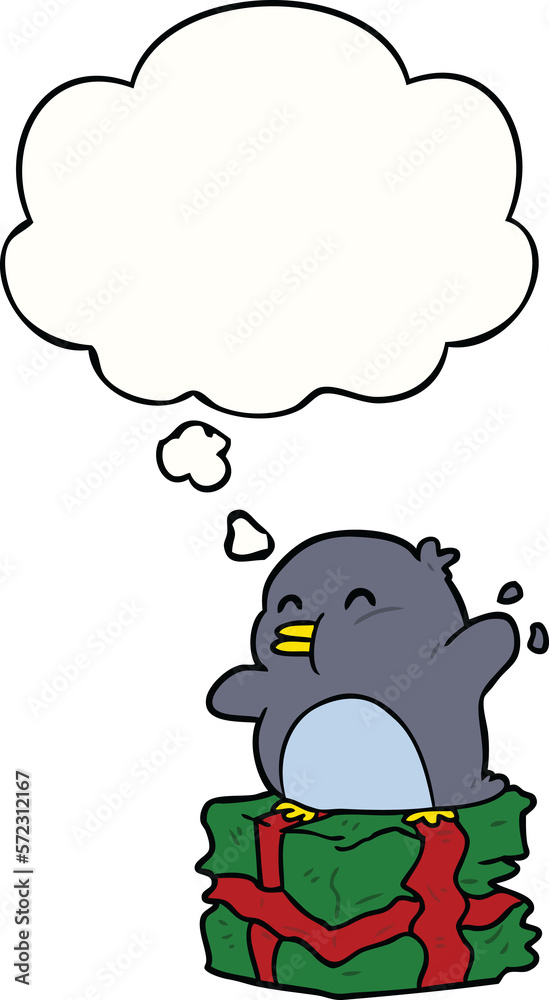 Obraz premium cartoon penguin on present and thought bubble