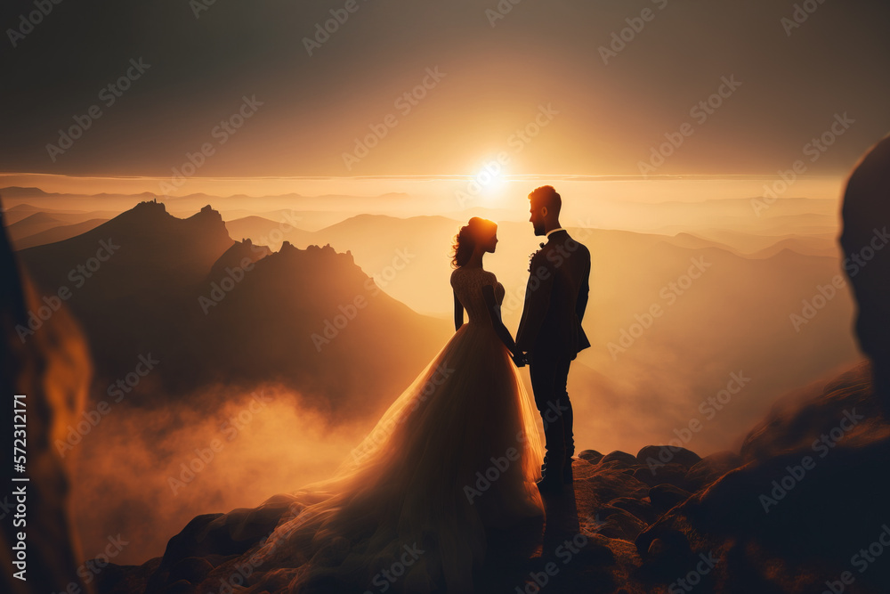 Just married couple posing together at sunset on top of mountain. Generative A iillustration