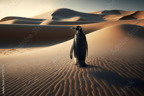 Climate Change concept Penguin walking in the desert. AI Generative Illustration photo