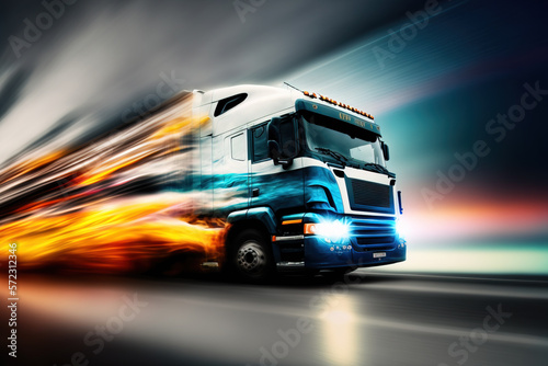 Abstract delivery truck concept driving at high speed. Generative AI illustration © IBEX.Media