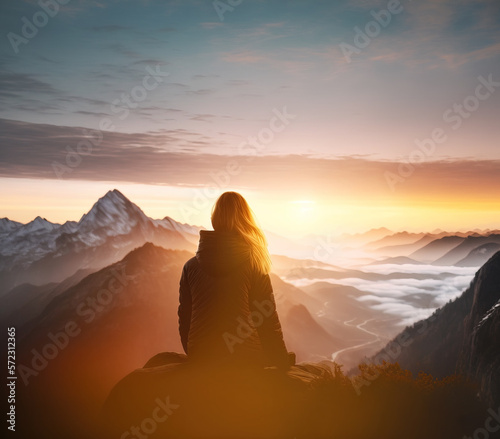 Young blond woman looking at the sunset from mountain top, Generative AI illustration