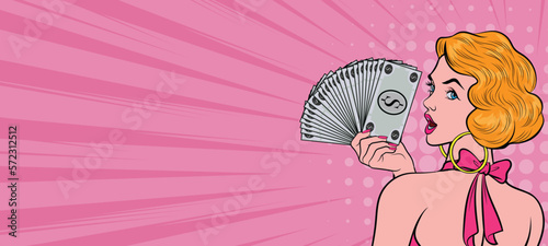 Surprise Successful Business Woman with Falling Money Saying WOW OMG Pop Art retro comic style in pink dress.