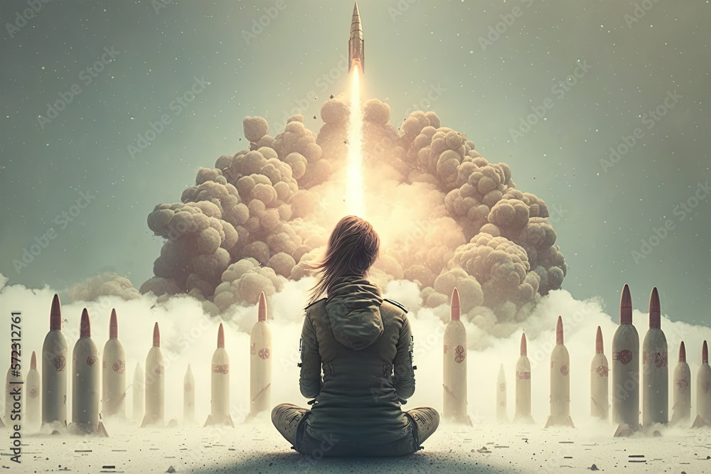End of the world. Third World War. Flying nuclear missiles. A girl sitting in front of the nuclear arsenal of the world. Ai generative.