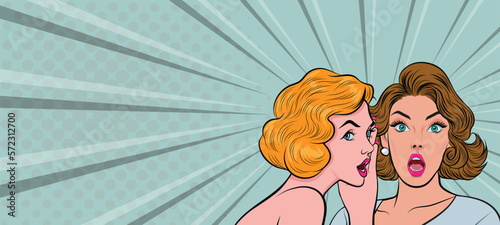Beautiful woman whispering gossip or secret to friend in pop vintage style.