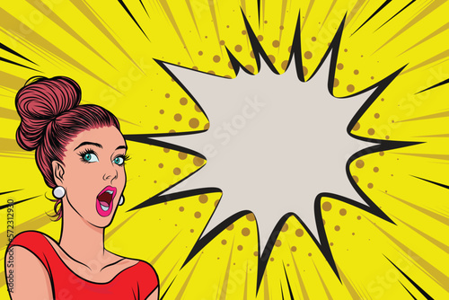 Beautiful woman with retro style vector illustration Woman announcing a sale or sale. Special offer. Shopping time. Protest or signing meeting.