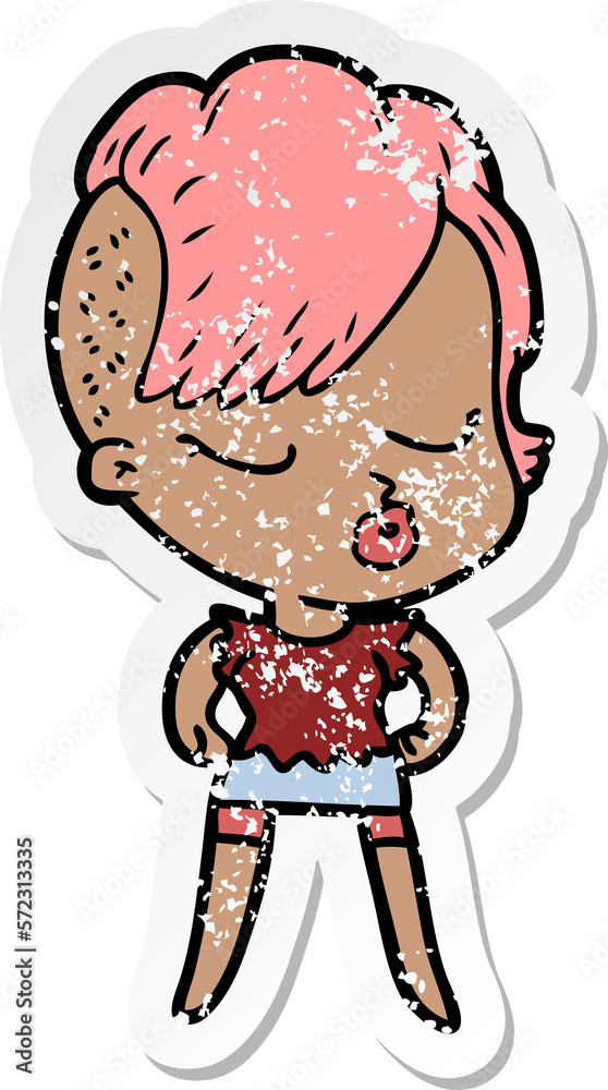 Fototapeta premium distressed sticker of a cartoon pretty hipster girl
