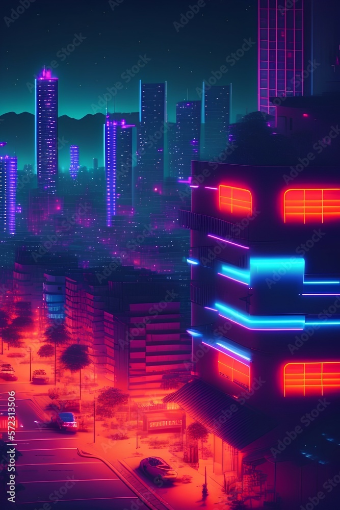 Street and small buildings with neon lights. Beautiful night city view - generative ai Street and small buildings with neon lights. Beautiful night city view - generative ai