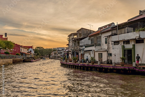 Traditional chinese style houses in Melaka historical town at sunset, Malaysia