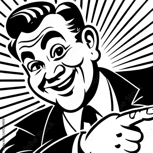 Vintage Advertising Man Pointing On Paper Black And White Logo Style.