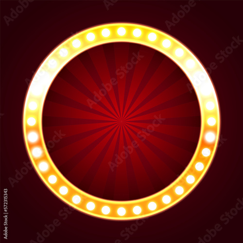 Background for the casino. Round red blank background in a golden frame with yellow light bulbs. Vector illustration.