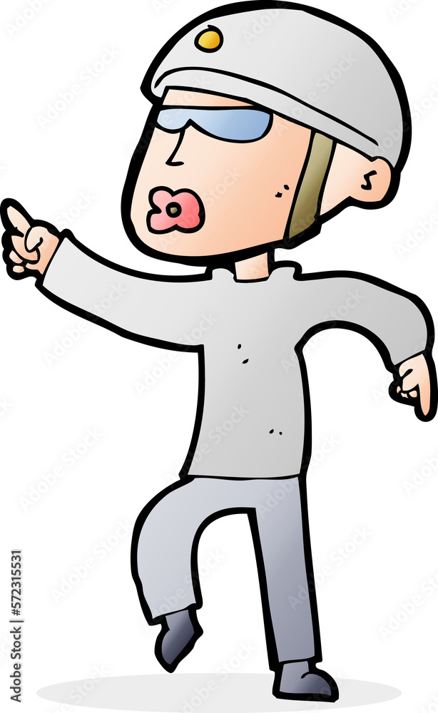 cartoon man in bike helmet pointing