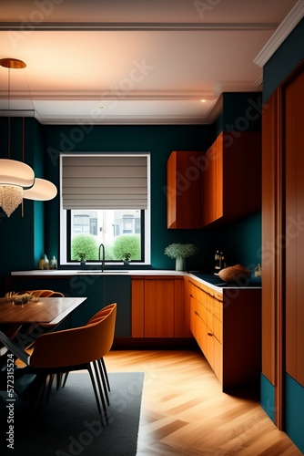 cuisine en bois et mur bleu décor moderne en ia générative photo