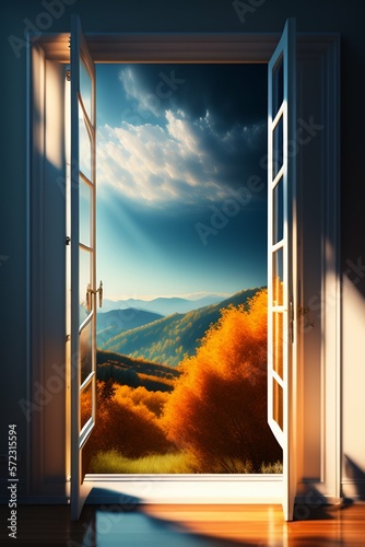 paysage derrière une fenêtre illustration en ia générative photo