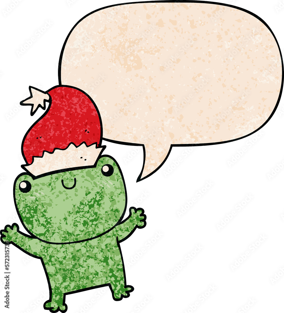 cute cartoon frog wearing christmas hat and speech bubble in retro texture style cute cartoon frog wearing christmas hat and speech bubble in retro texture style