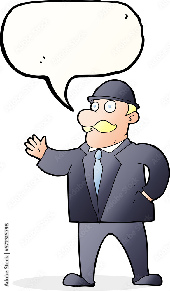 cartoon sensible business man in bowler hat with speech bubble