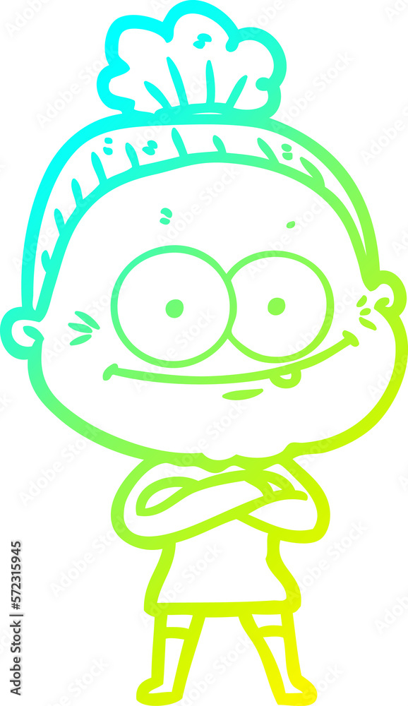 cold gradient line drawing cartoon happy old woman