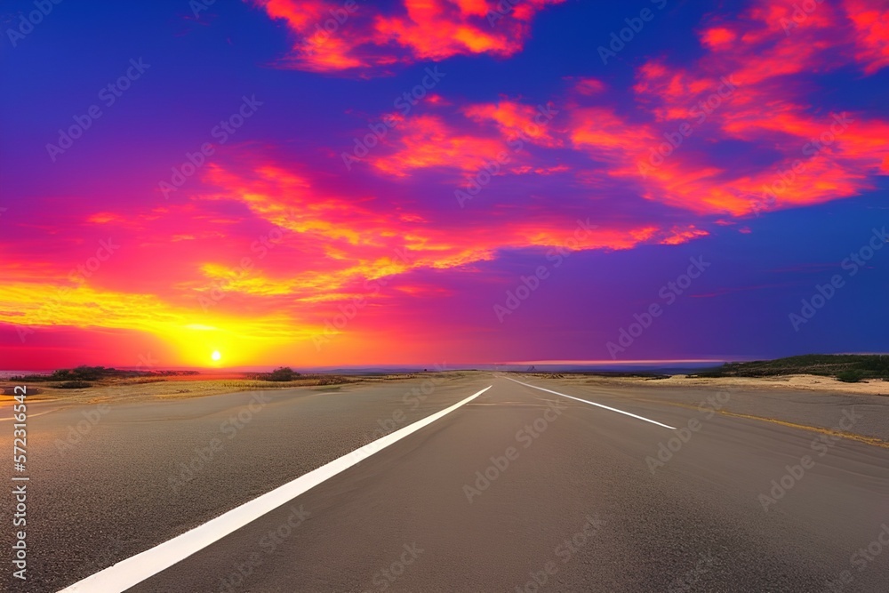 Summer landscape on the highway. Highway landscape at colorful sunset. Road view on the beach in summer. Colorful seascape with beautiful road - generative ai