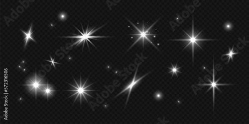 Y2k bling star icons. Vector illustration silver light flare effect, stars and sparkles isolated on transparent background. Flash light design elements for retrofuturistic, brutalist cool poster photo