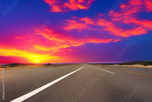 Summer landscape on the highway. Highway landscape at colorful sunset. Road view on the beach in summer. Colorful seascape with beautiful road - generative ai © unalcreative