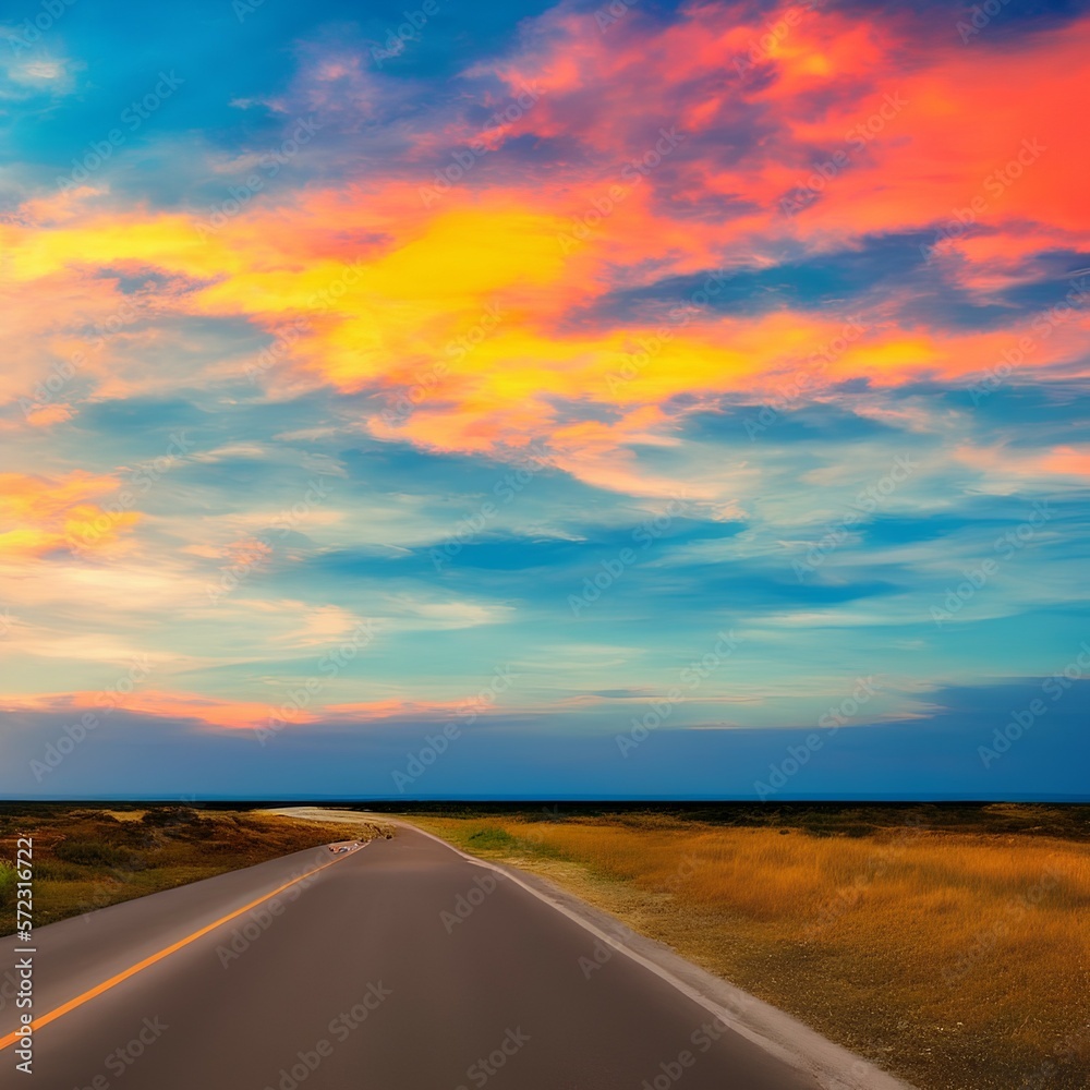 Summer landscape on the highway. Highway landscape at colorful sunset. Road view on the beach in summer. Colorful seascape with beautiful road - generative ai