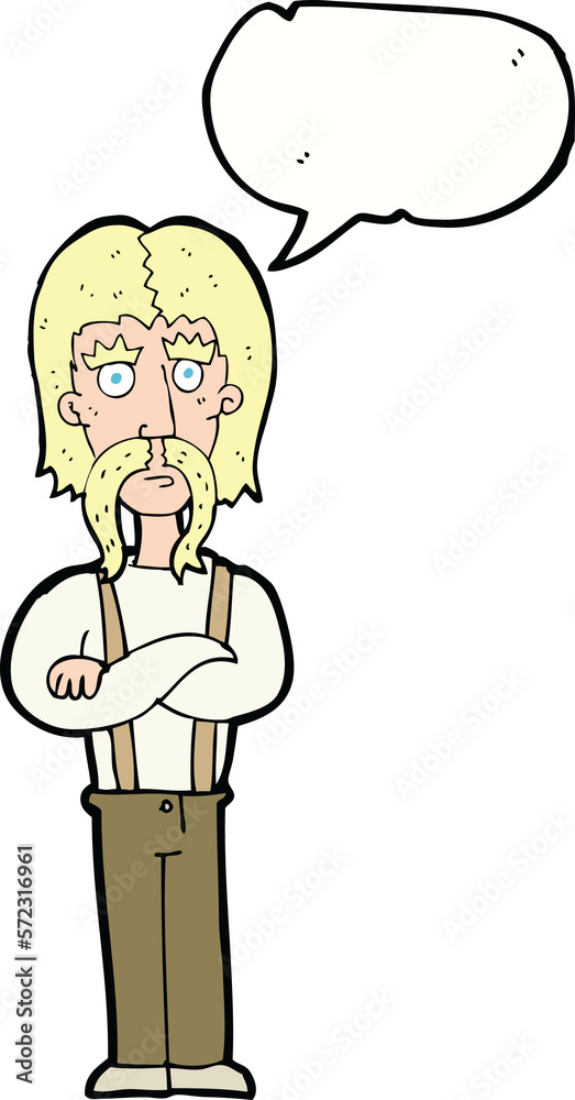 cartoon long mustache man with folded arms with speech bubble