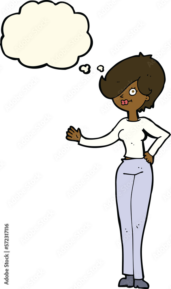 cartoon woman waving with thought bubble cartoon woman waving with thought bubble