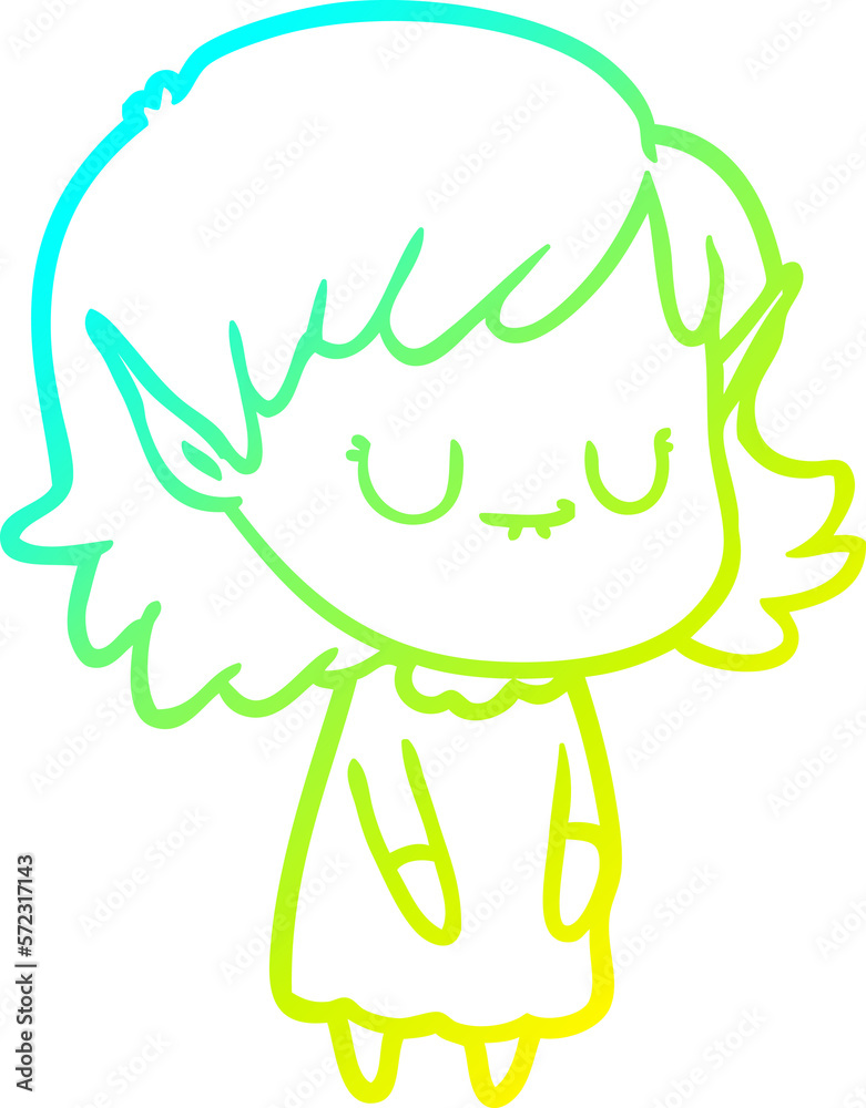 cold gradient line drawing happy cartoon elf girl wearing dress